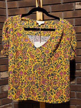 Cynthia Rowley Yellow Floral Puff Sleeve Top - V-Neck Boho Blouse - Size Small